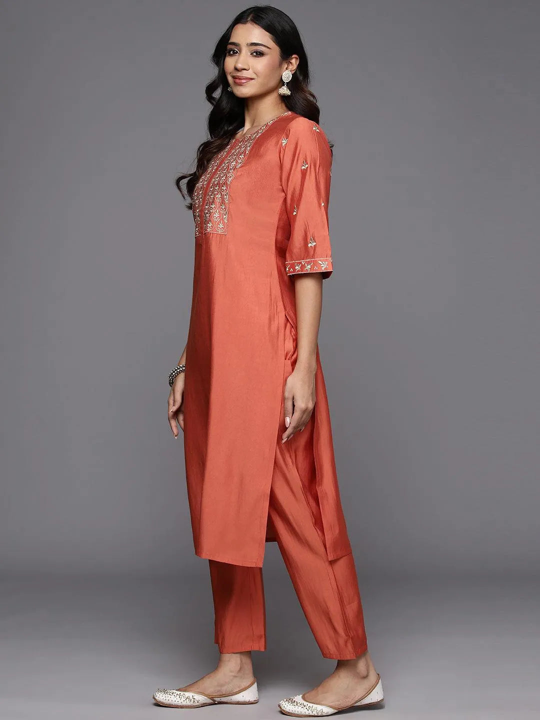 Coral Solid Silk Blend Straight Suit With Dupatta
