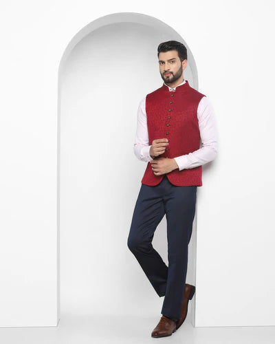 Bandhgala Formal Wine Jacquard Waistcoat