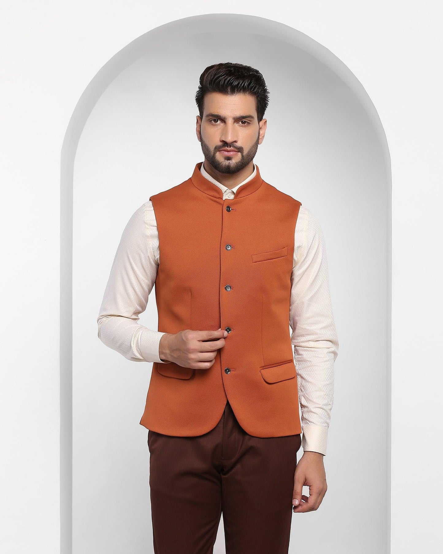 Bandhgala Formal Orange Solid Waistcoat - Aphrodo