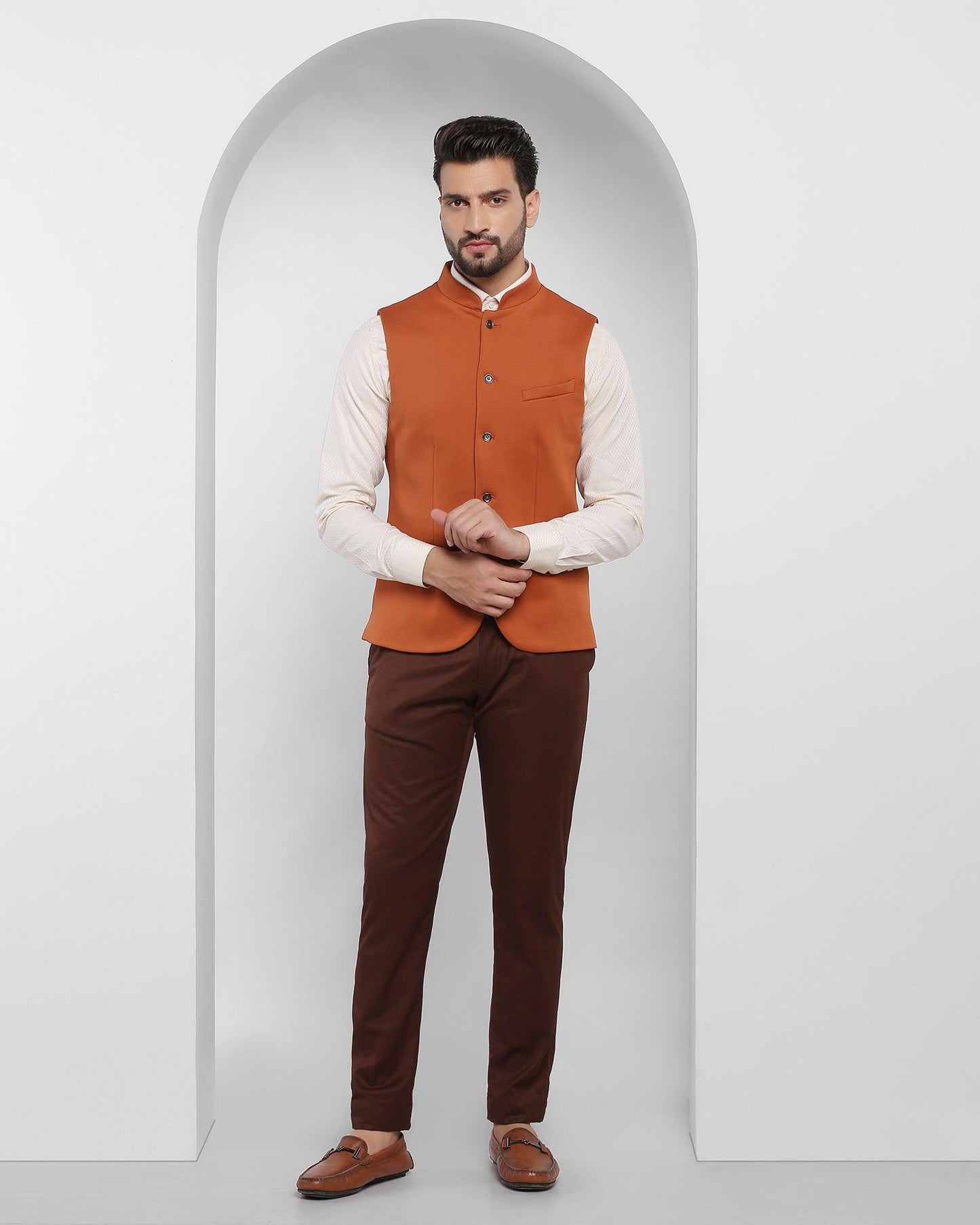 Bandhgala Formal Orange Solid Waistcoat - Aphrodo