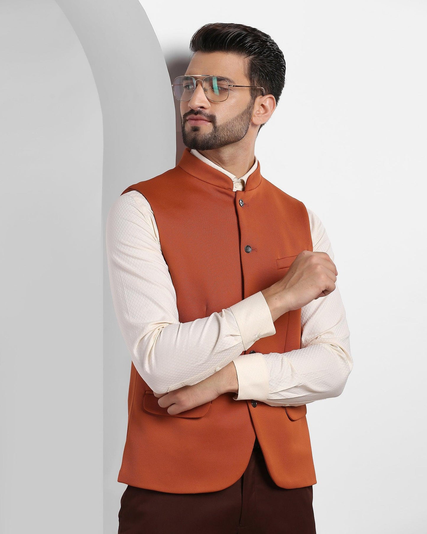 Bandhgala Formal Orange Solid Waistcoat - Aphrodo