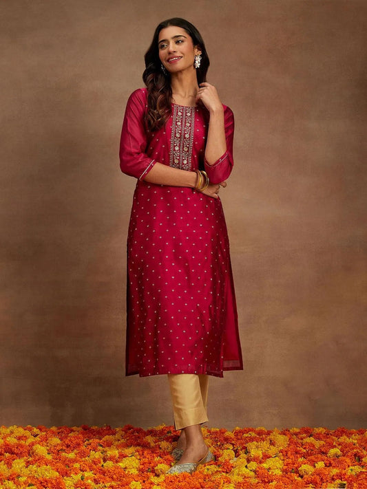 Fuchsia Woven Design Chanderi Silk Straight Kurta