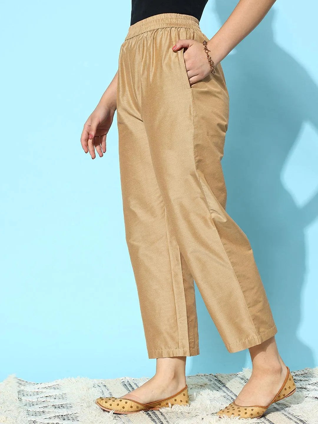 Gold Solid Silk Trousers