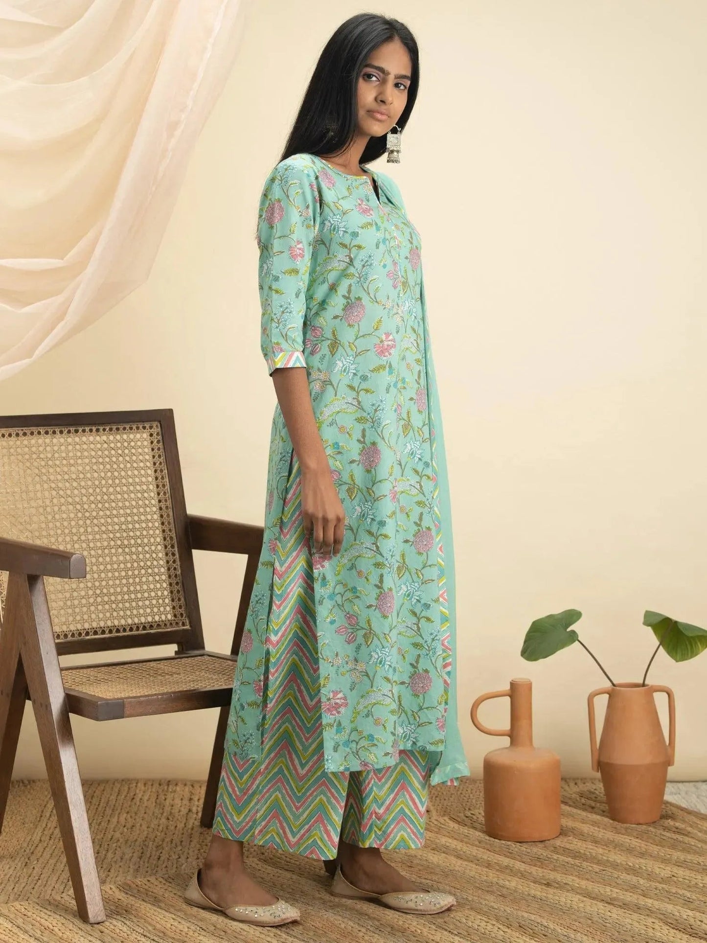 Green Printed Cotton Straight Kurta With Palazzos & Dupatta