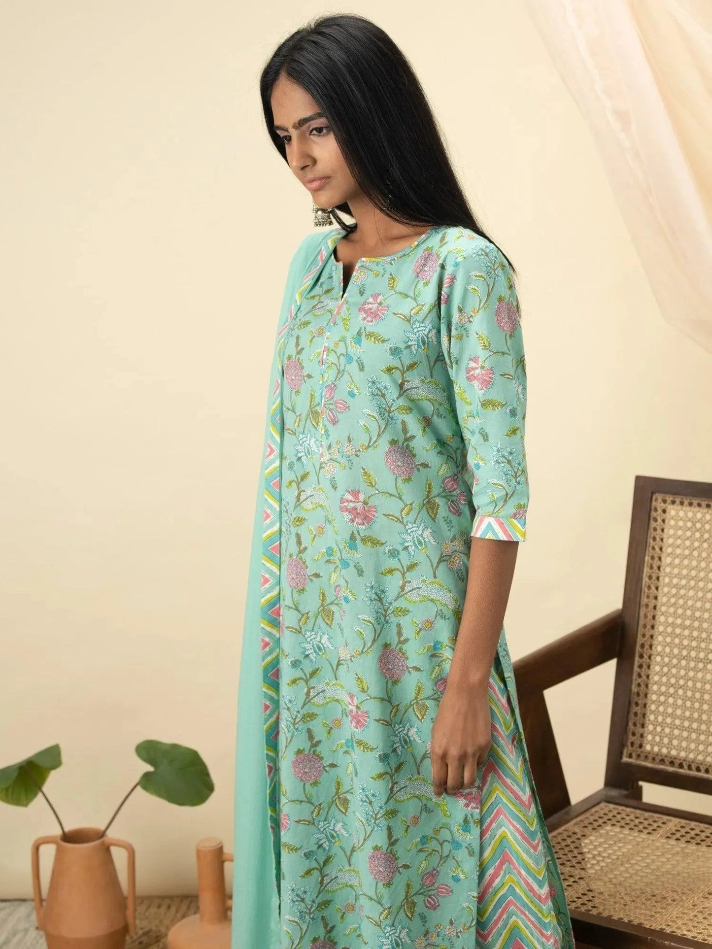 Green Printed Cotton Straight Kurta With Palazzos & Dupatta
