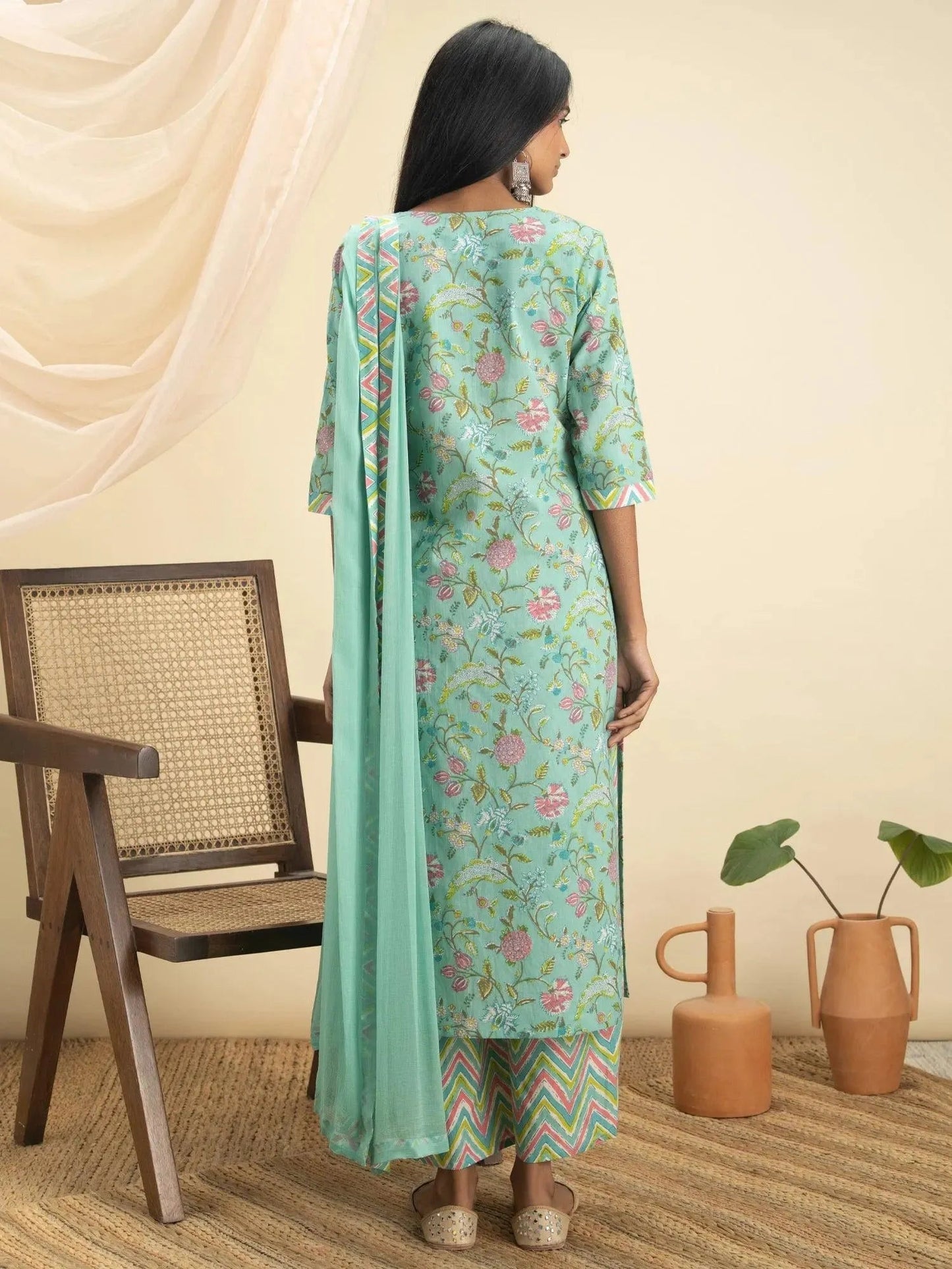 Green Printed Cotton Straight Kurta With Palazzos & Dupatta