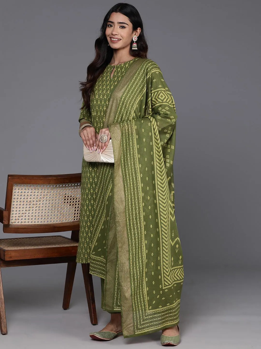 Green Printed Cotton Straight Suit With Dupatta