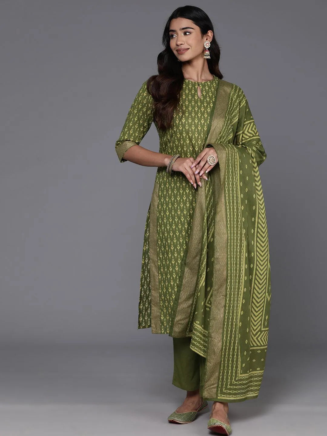 Green Printed Cotton Straight Suit With Dupatta