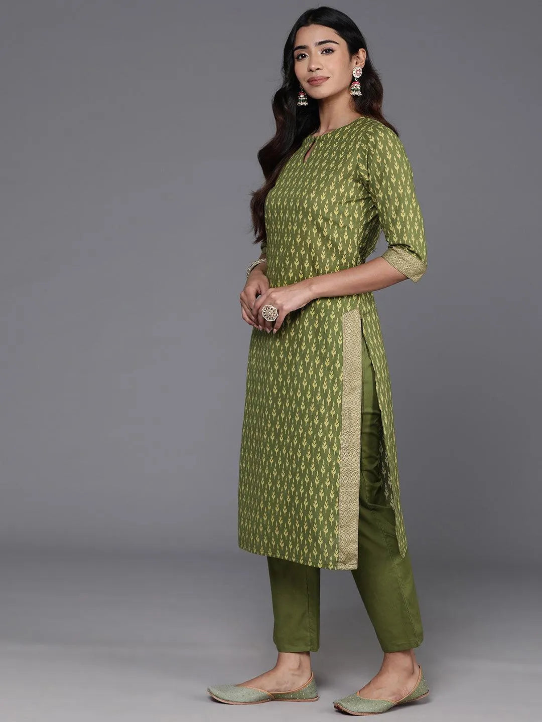 Green Printed Cotton Straight Suit With Dupatta