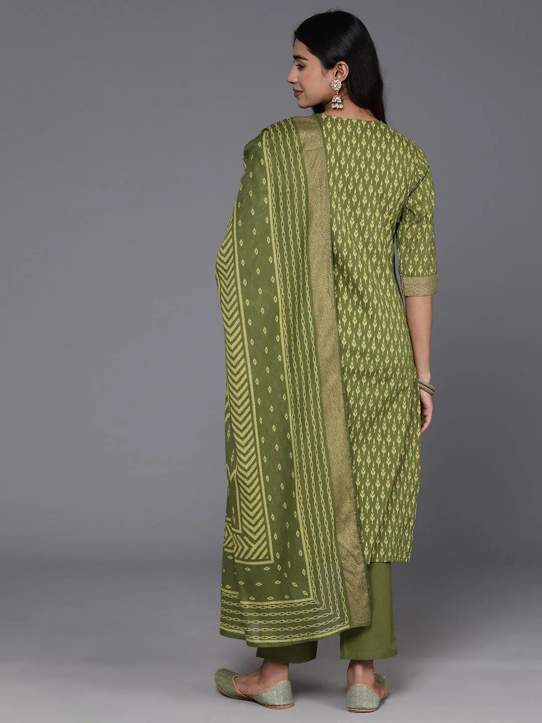 Green Printed Cotton Straight Suit With Dupatta