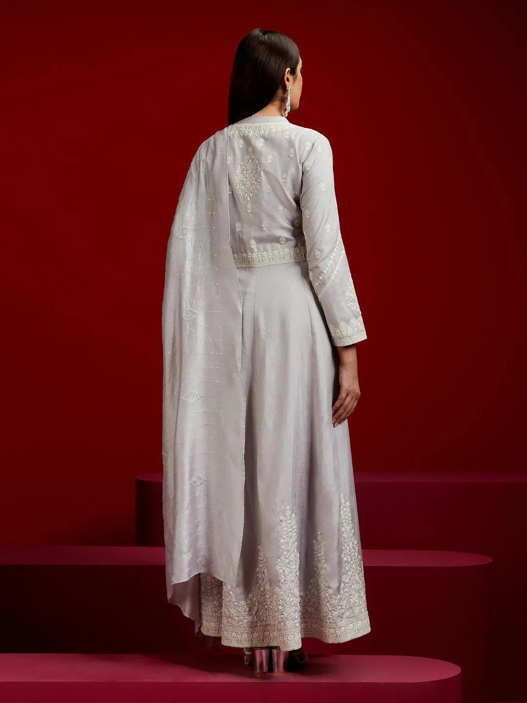 Libas Art Grey Embroidered Silk Blend A-Line Kurta With Trousers & Dupatta