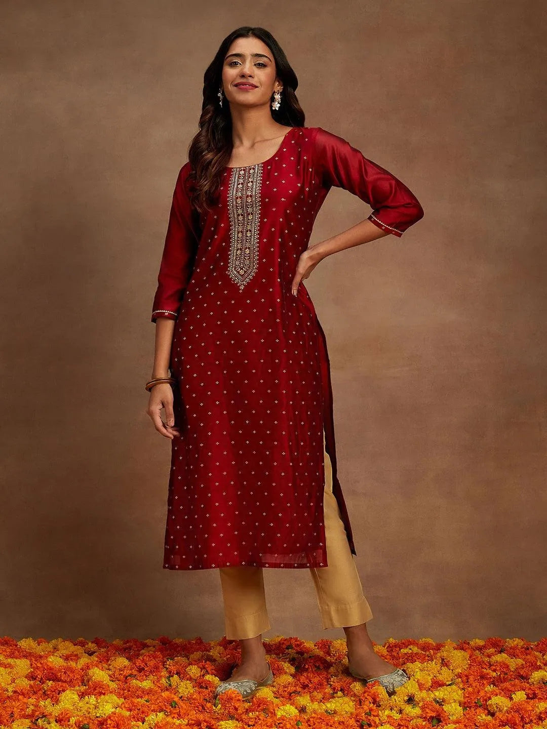 Maroon Chanderi Silk Woven Design Kurta