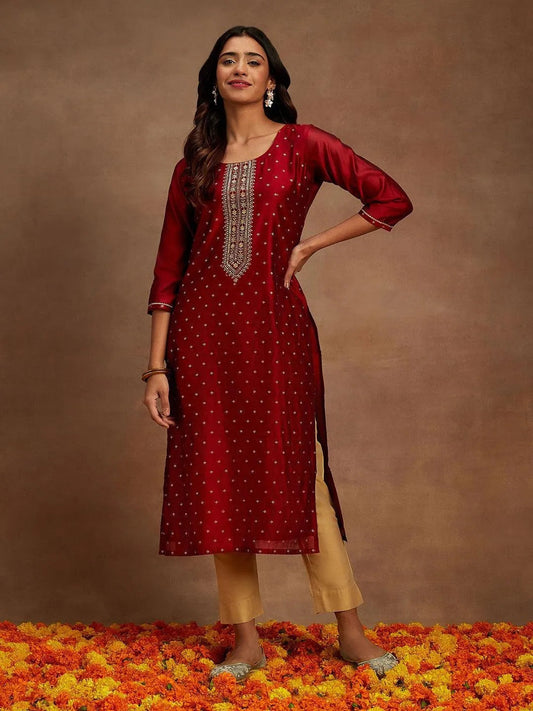 Maroon Chanderi Silk Woven Design Kurta