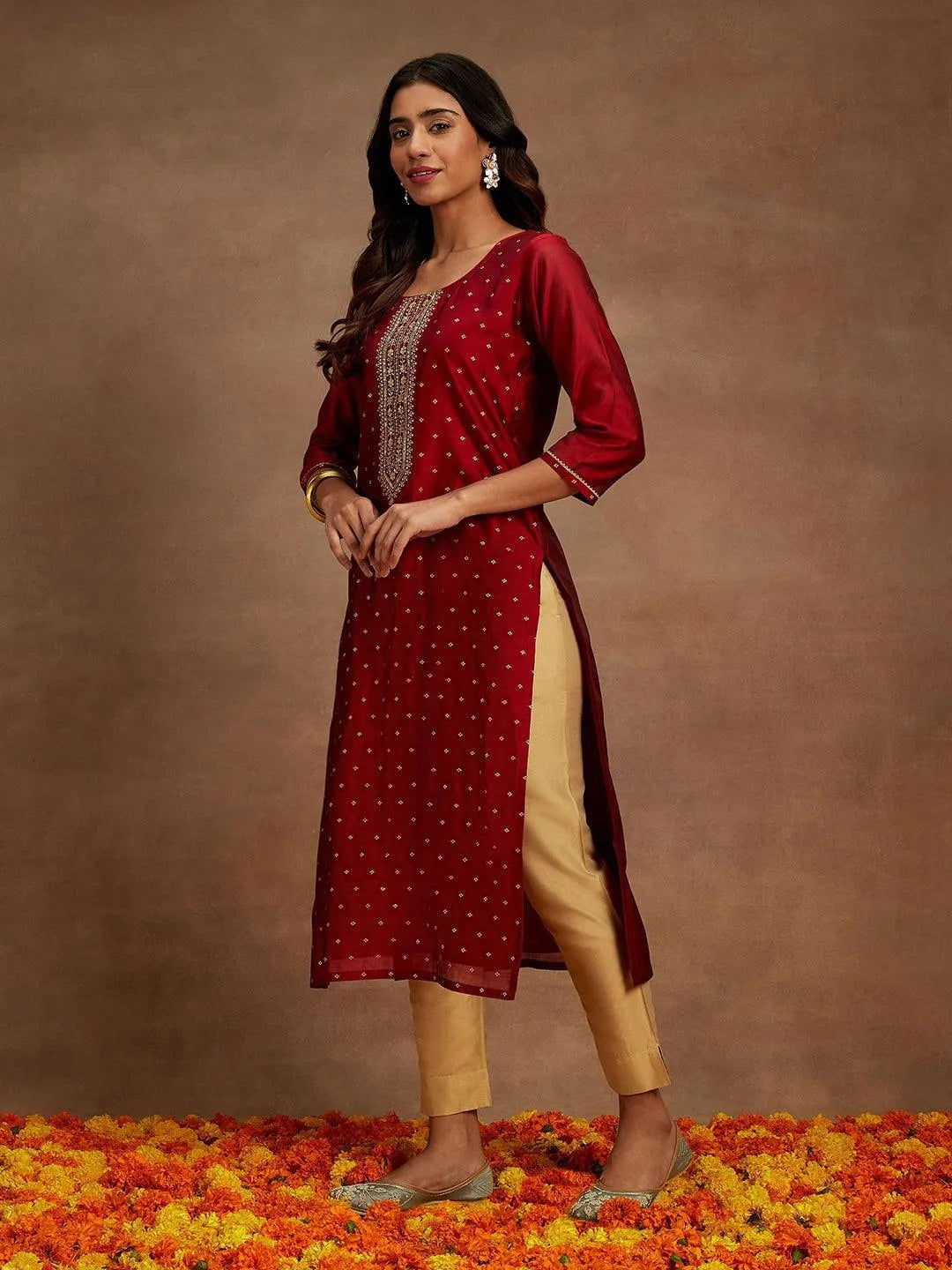 Maroon Chanderi Silk Woven Design Kurta