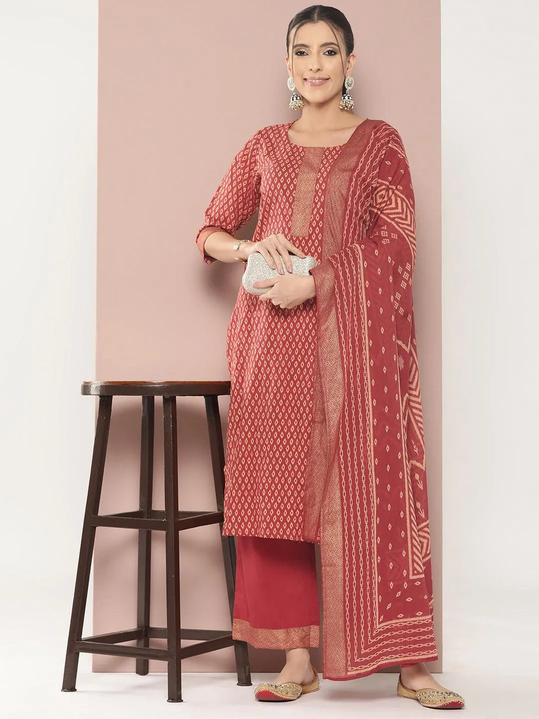 Maroon Printed Cotton Straight Suit With Dupatta