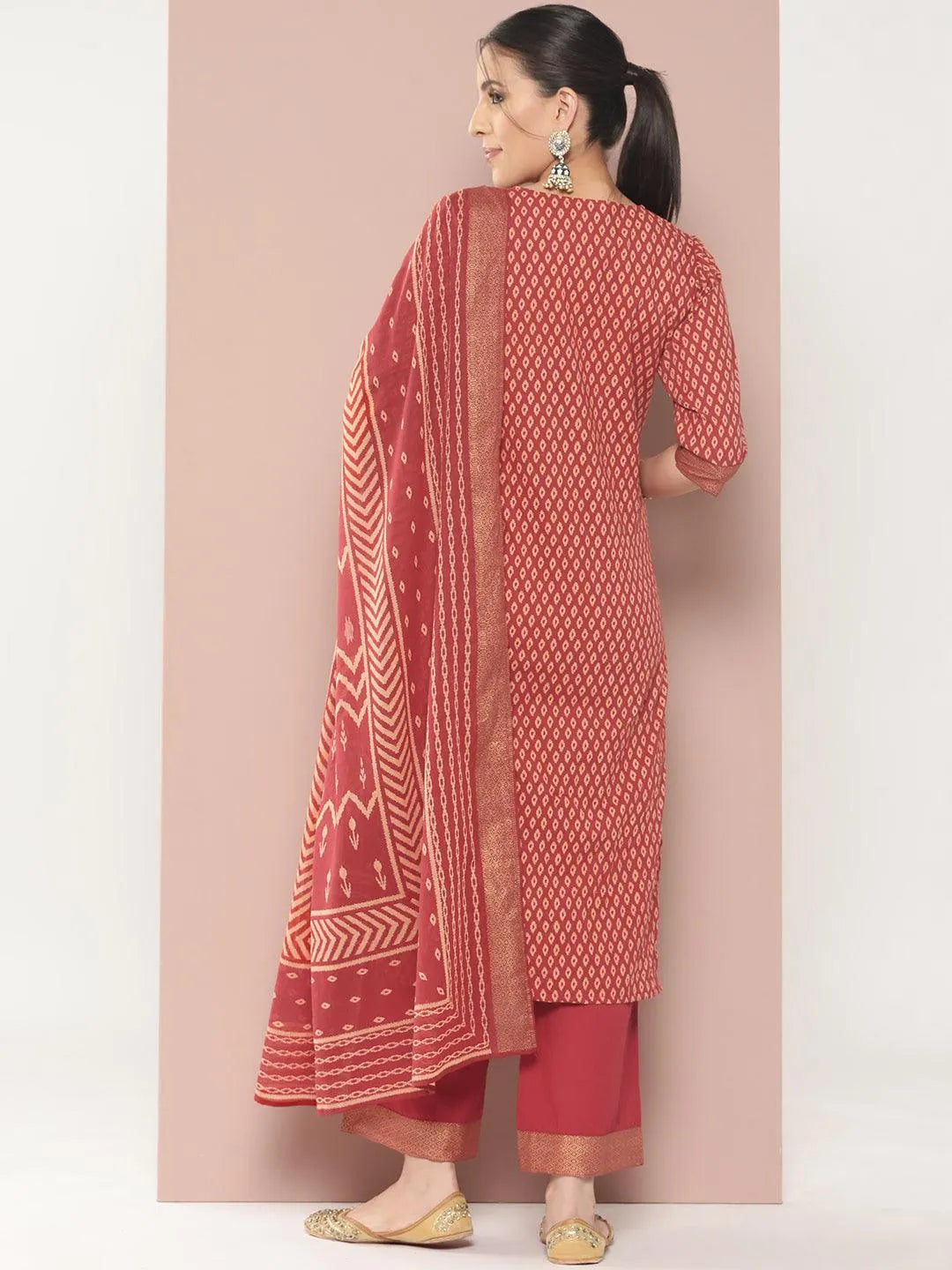 Maroon Printed Cotton Straight Suit With Dupatta