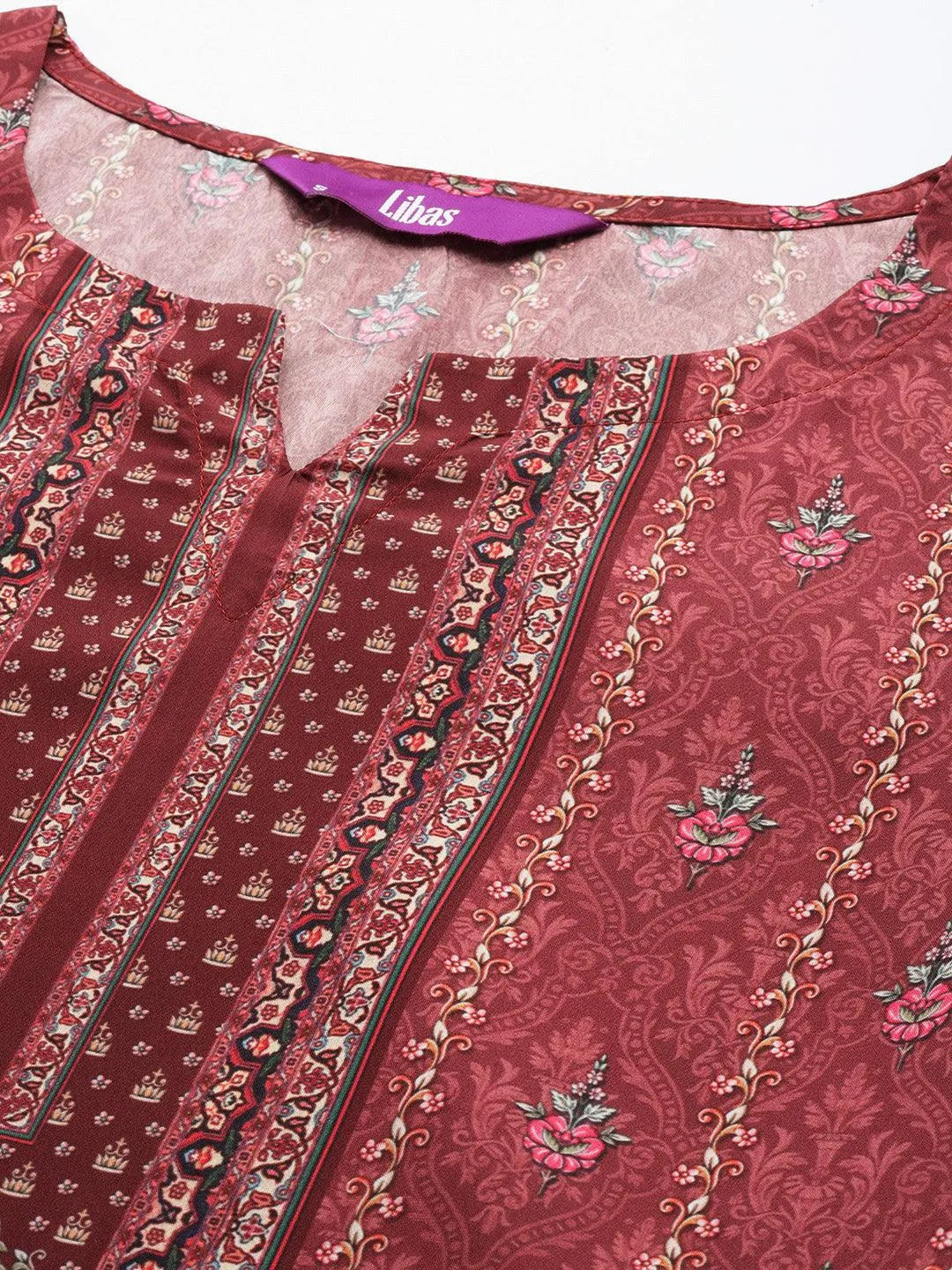 Maroon Printed Crepe Straight Kurta With Trousers & Dupatta