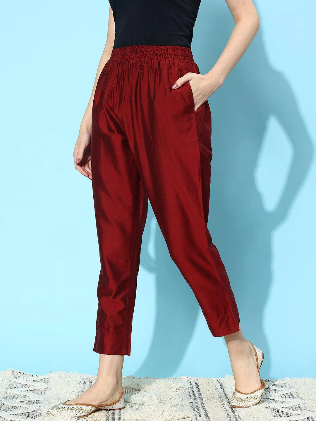 Maroon Solid Silk Trousers