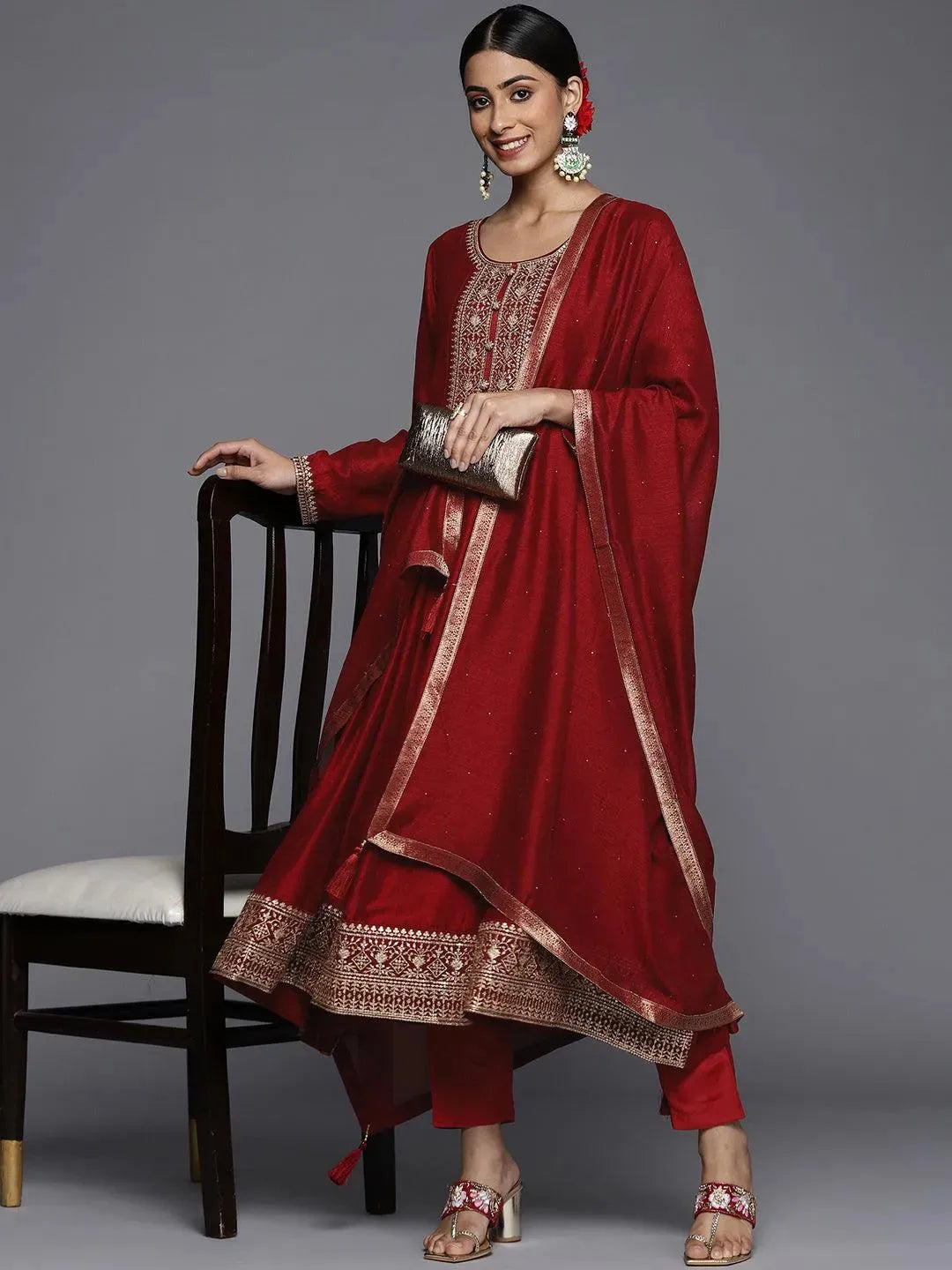 Maroon Yoke Design Silk Blend Anarkali Suit Set With Dupatta