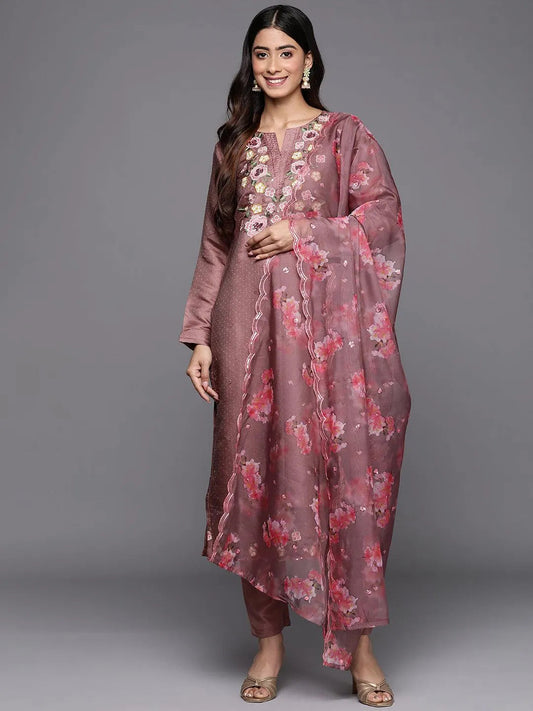 Mauve Yoke Design Silk Blend Straight Kurta With Trousers & Dupatta