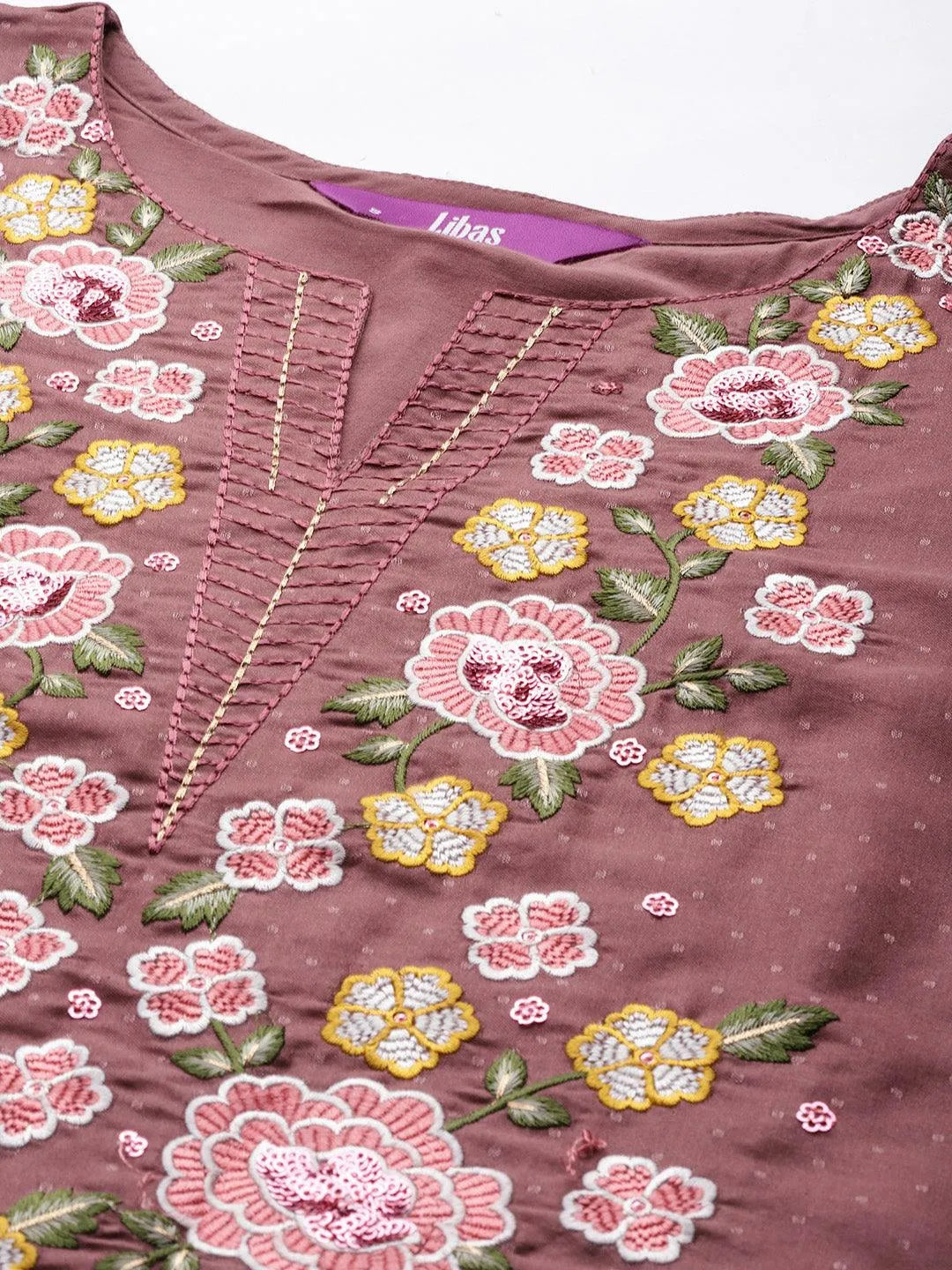 Mauve Yoke Design Silk Blend Straight Kurta With Trousers & Dupatta