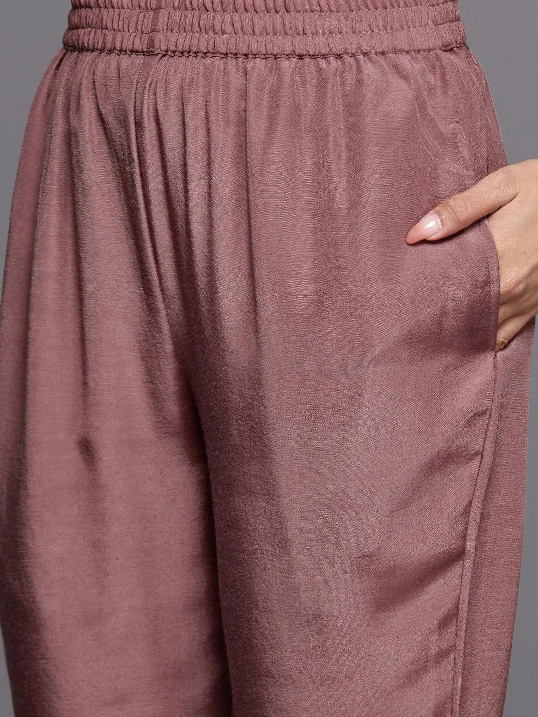 Mauve Yoke Design Silk Blend Straight Kurta With Trousers & Dupatta