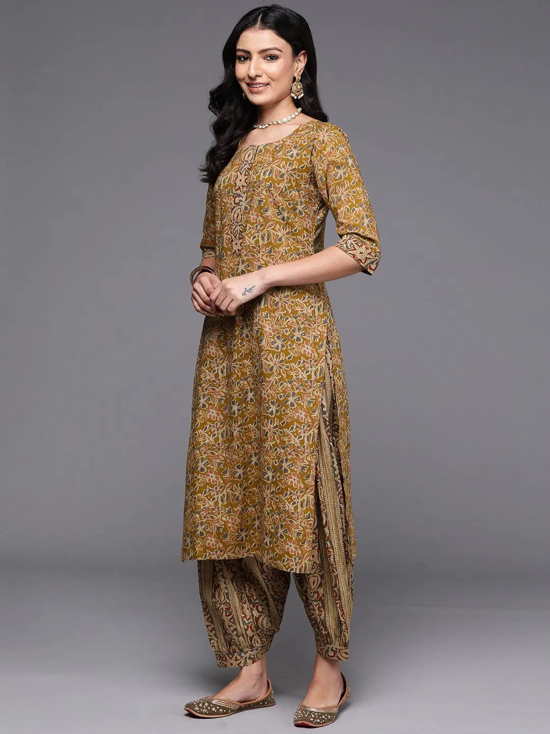 Mustard Printed Cotton Straight Suit With Dupatta