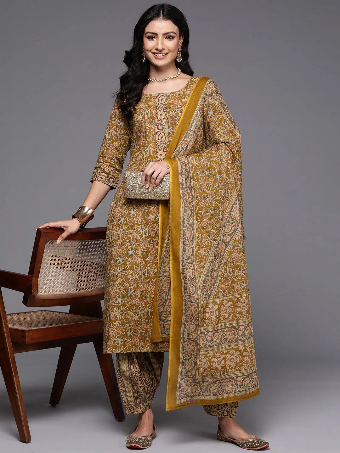 Mustard Printed Cotton Straight Suit With Dupatta