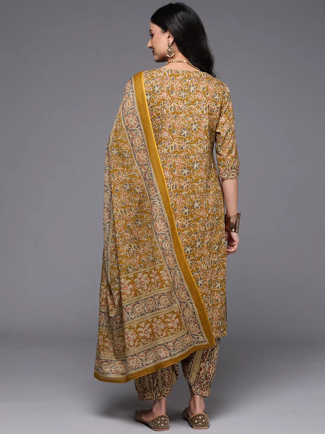 Mustard Printed Cotton Straight Suit With Dupatta
