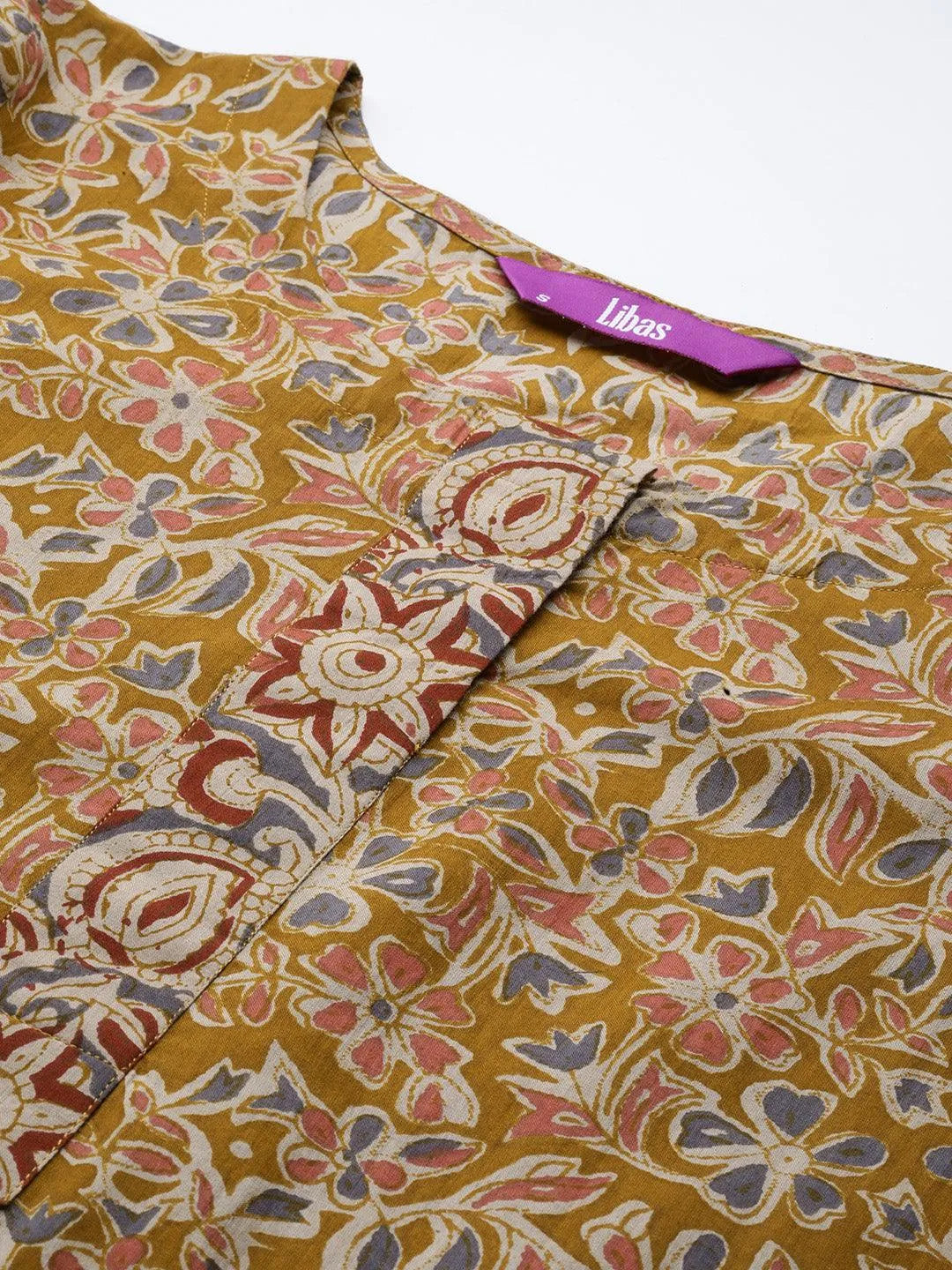 Mustard Printed Cotton Straight Suit With Dupatta