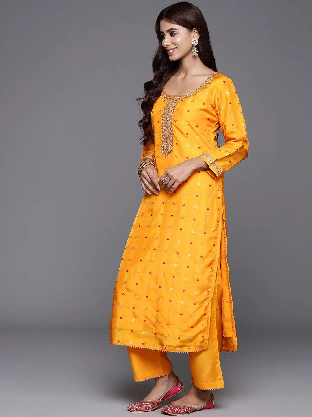 Mustard Woven Design Silk Straight Suit With Dupatta