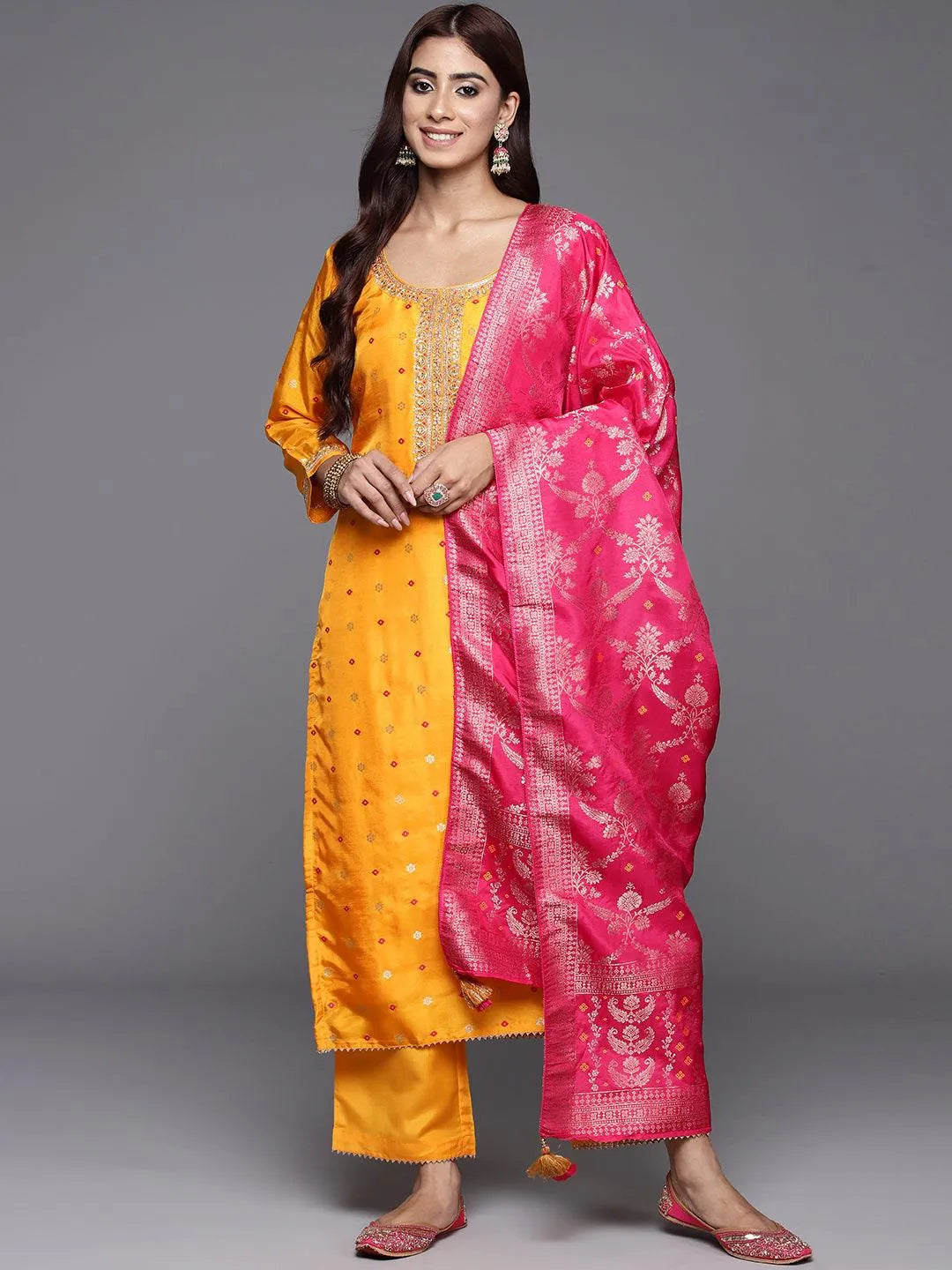 Mustard Woven Design Silk Straight Suit With Dupatta