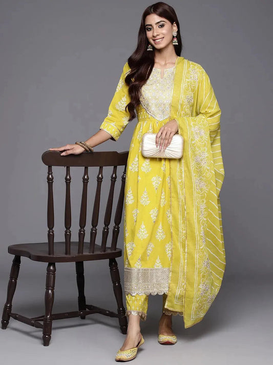 Mustard Yoke Design Cotton A-Line Kurta With Palazzos & Dupatta
