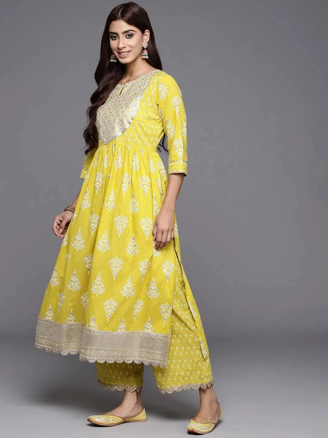 Mustard Yoke Design Cotton A-Line Kurta With Palazzos & Dupatta