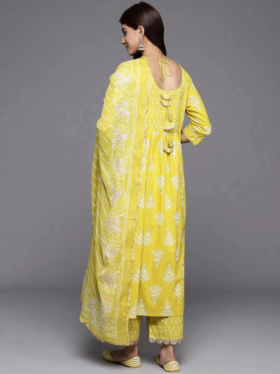 Mustard Yoke Design Cotton A-Line Kurta With Palazzos & Dupatta