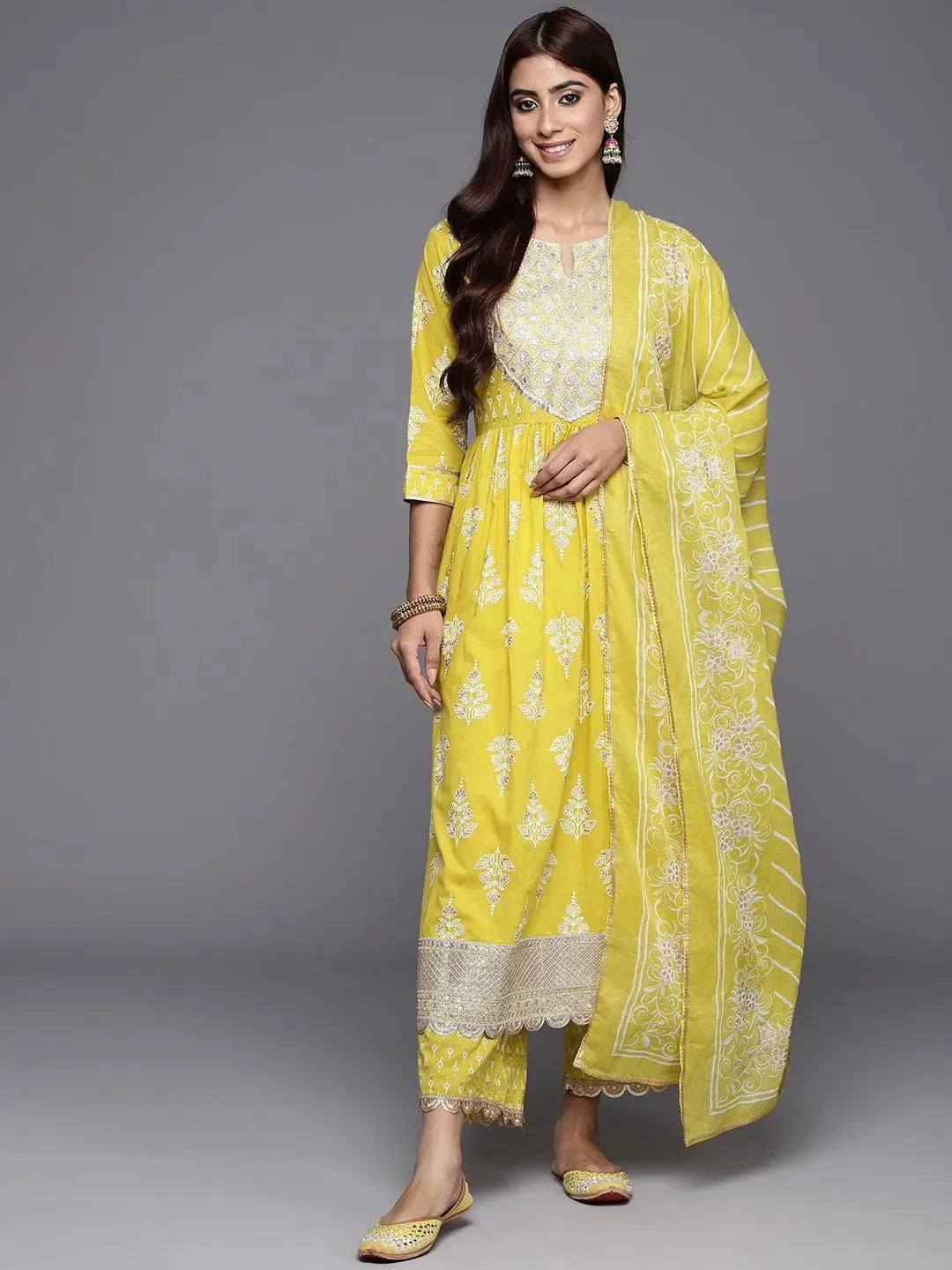 Mustard Yoke Design Cotton A-Line Kurta With Palazzos & Dupatta