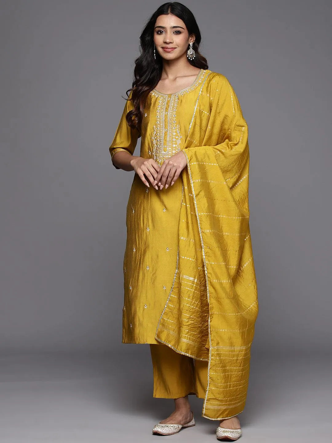Mustard Yoke Design Silk Blend Straight Suit With Dupatta