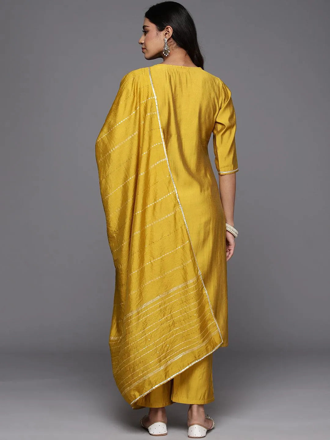 Mustard Yoke Design Silk Blend Straight Suit With Dupatta