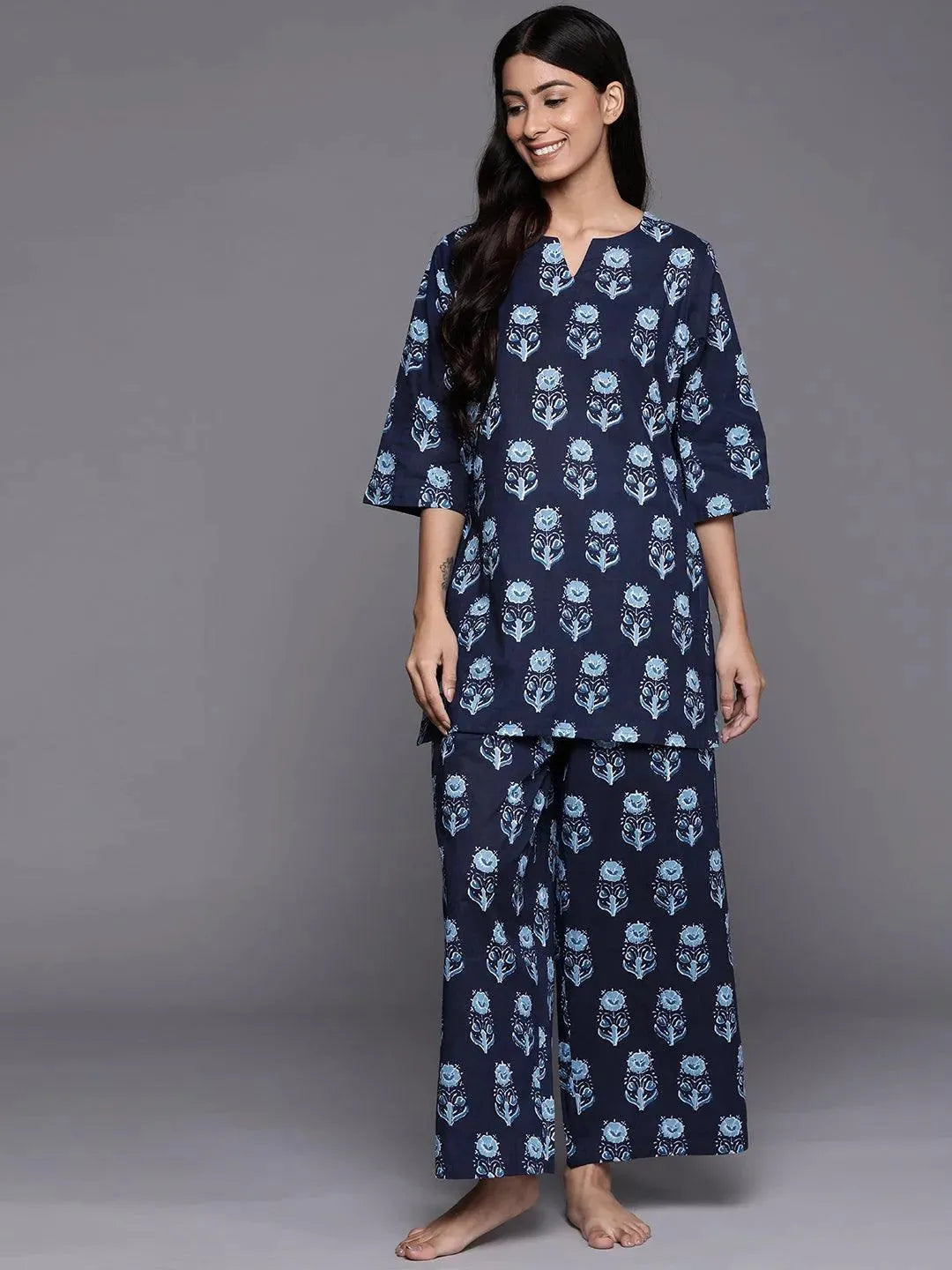Navy Blue Printed Cotton Night Suit