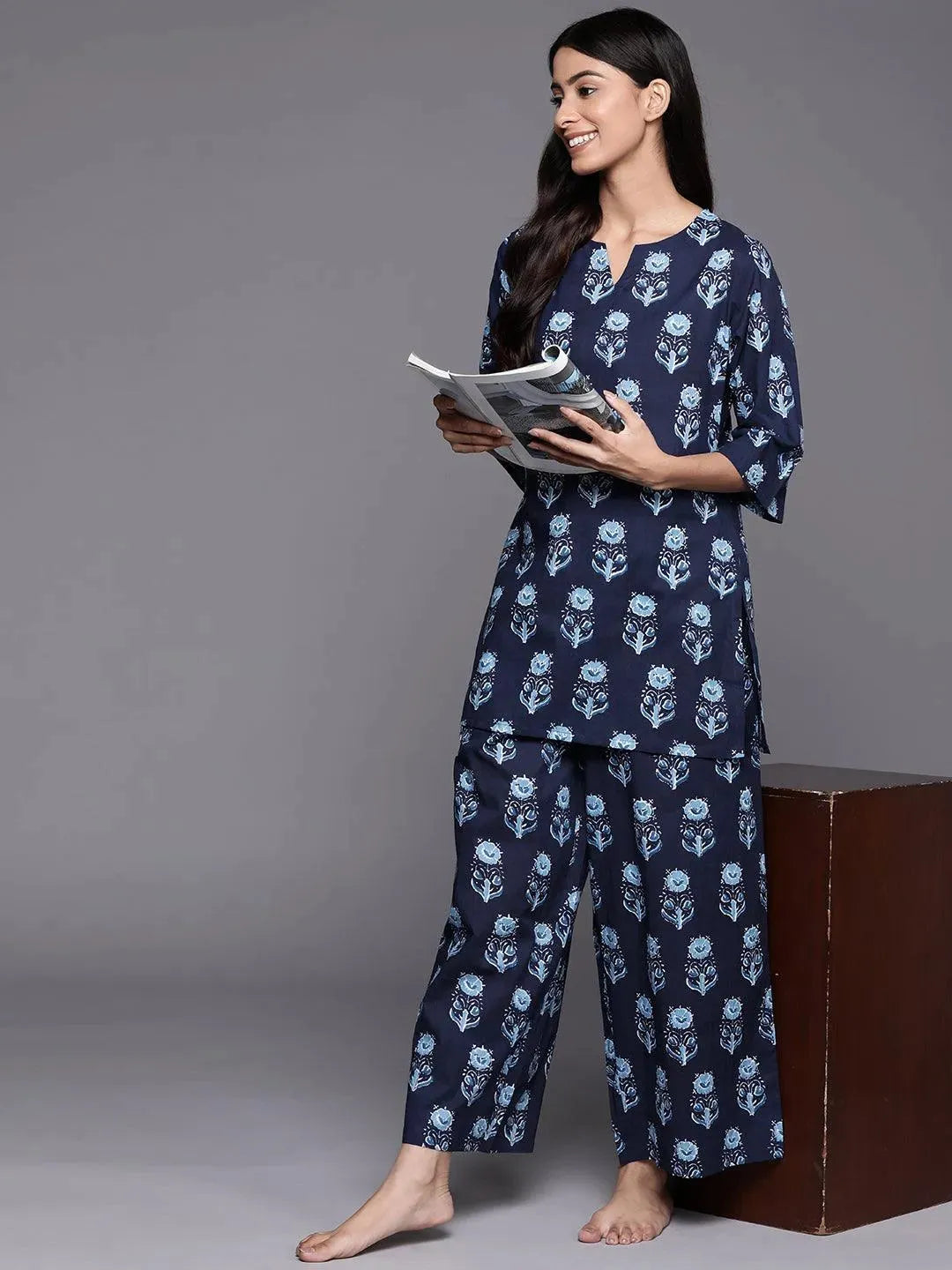 Navy Blue Printed Cotton Night Suit
