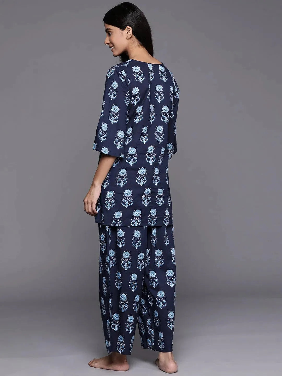Navy Blue Printed Cotton Night Suit
