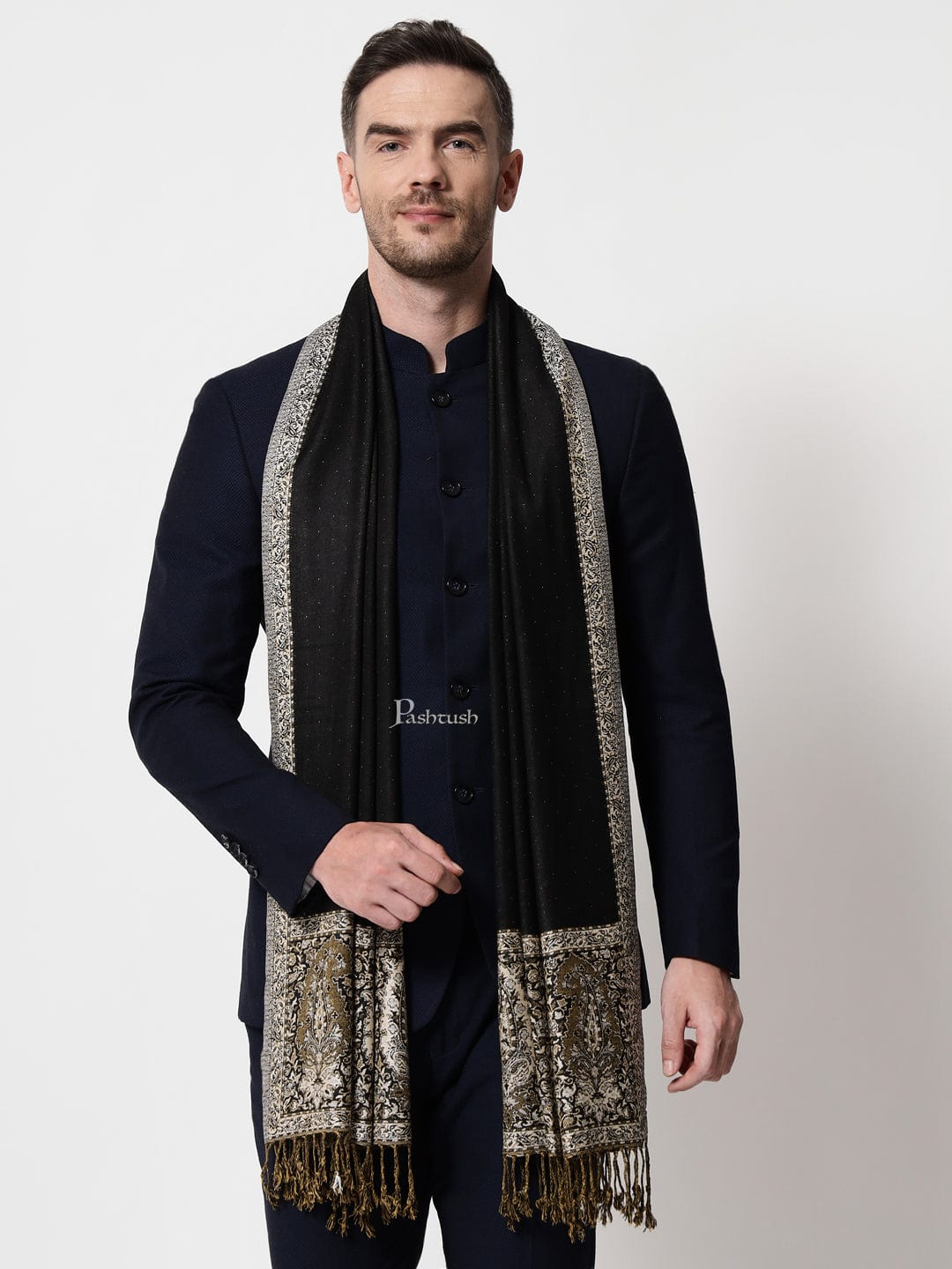 Pashtush mens Bamboo stole, jacquard design, Black
