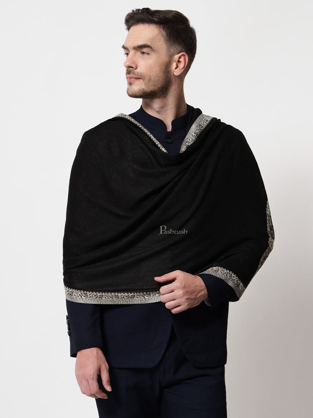 Pashtush mens Bamboo stole, jacquard design, Black
