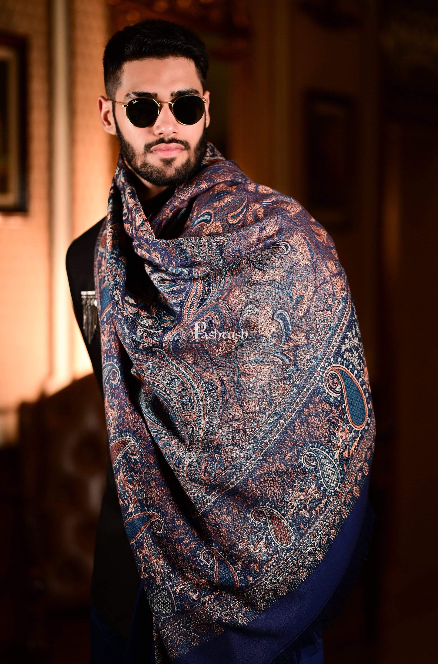 Pashtush Mens Jamawar Stole, Fine Soft Ethnic Stole Navy Blue