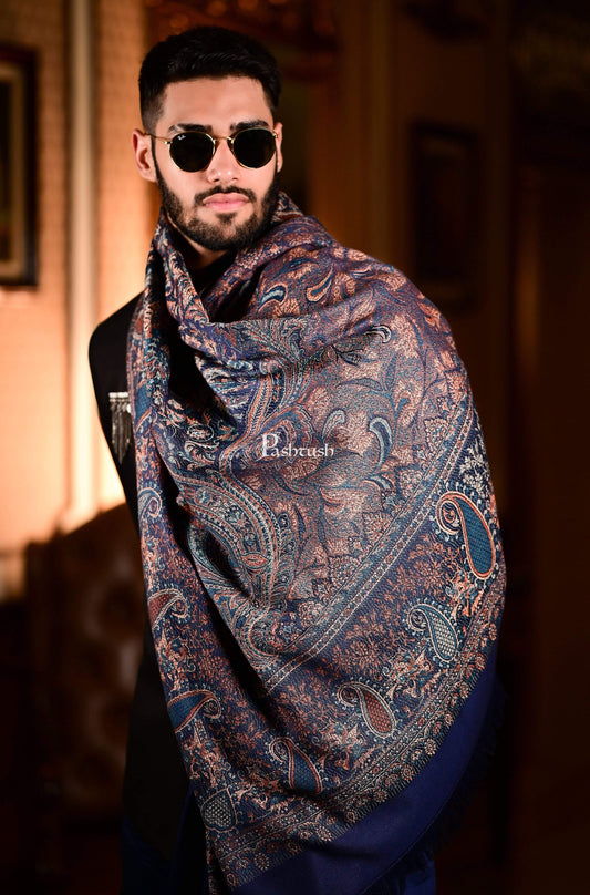 Pashtush Mens Jamawar Stole, Fine Soft Ethnic Stole Navy Blue
