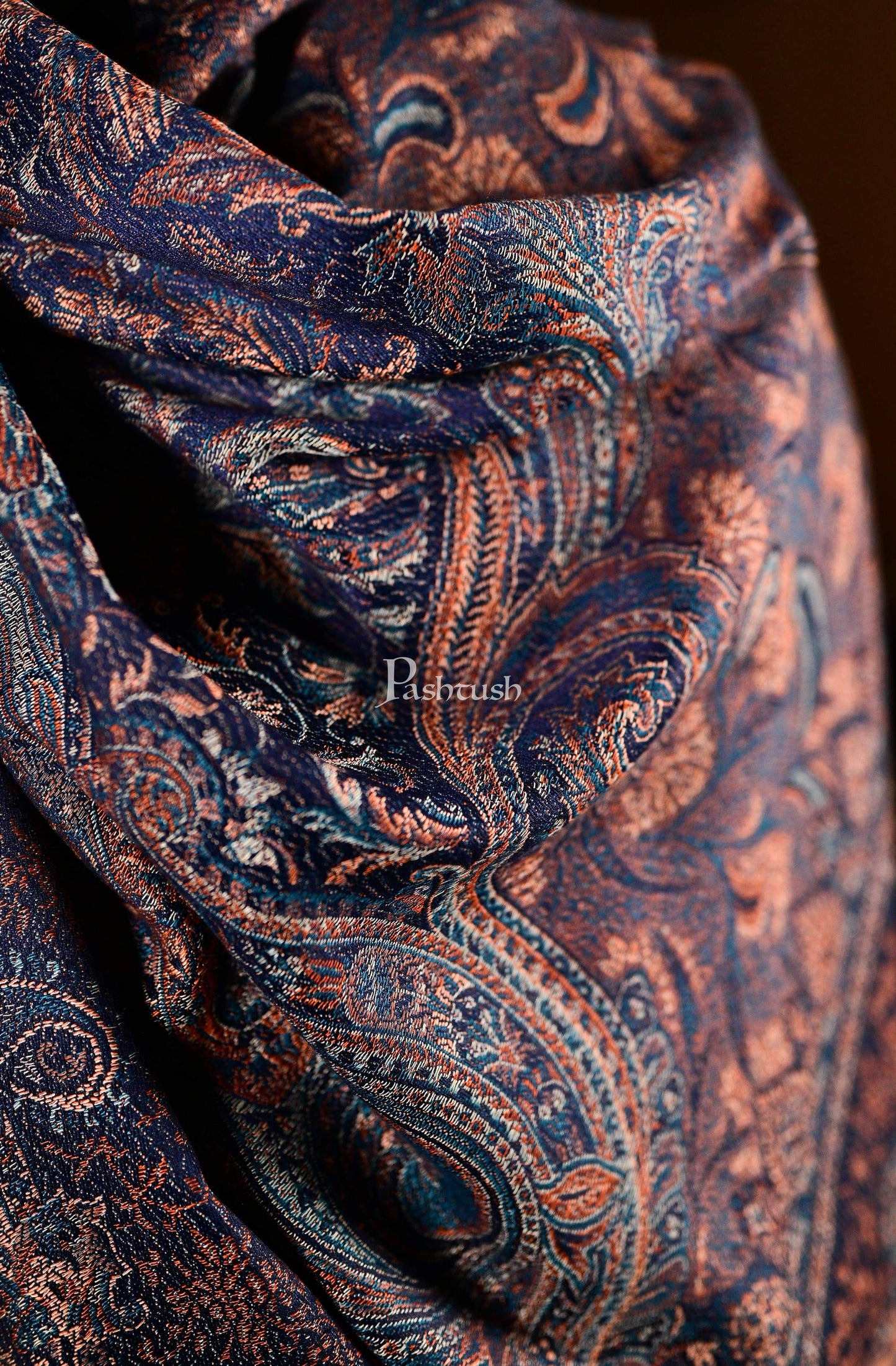 Pashtush Mens Jamawar Stole, Fine Soft Ethnic Stole Navy Blue