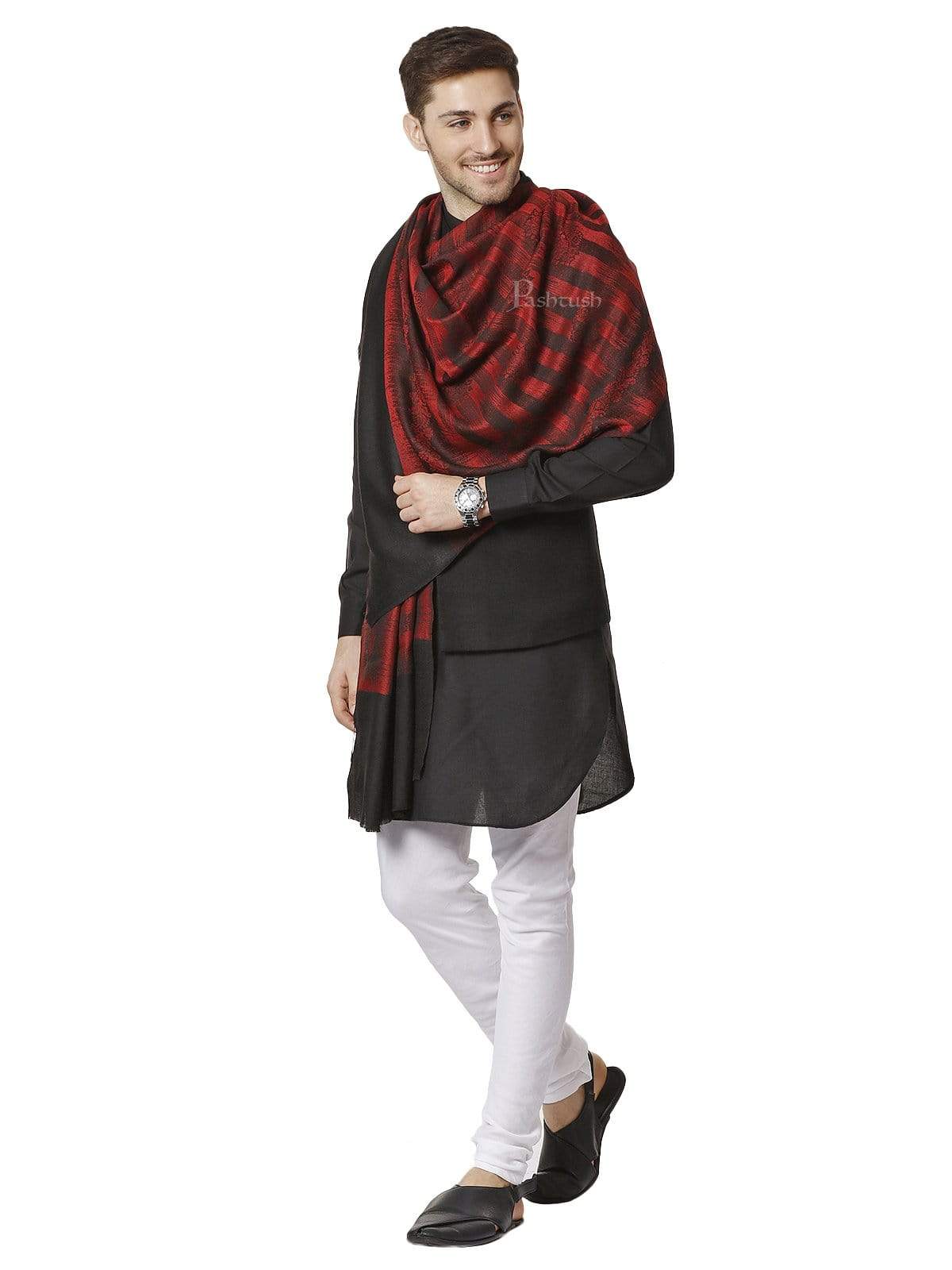 Pashtush Mens Fine Wool Stole, Ikkat Design, Maroon And Black