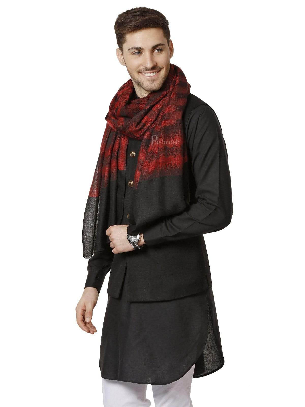 Pashtush Mens Fine Wool Stole, Ikkat Design, Maroon And Black