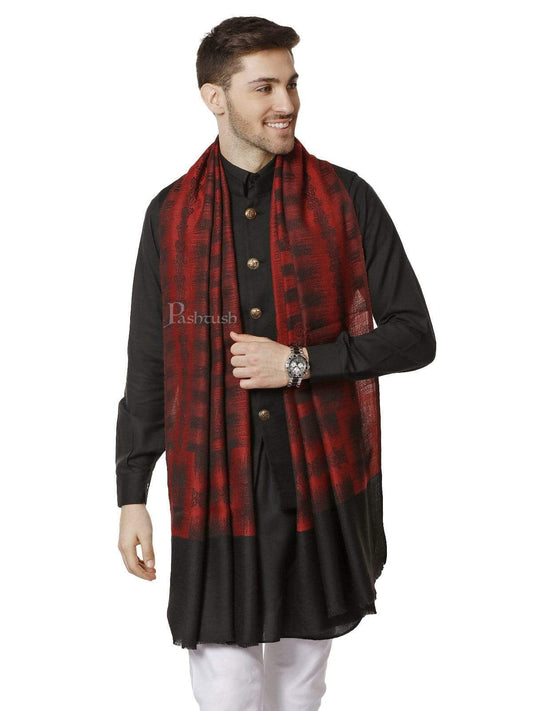 Pashtush Mens Fine Wool Stole, Ikkat Design, Maroon And Black
