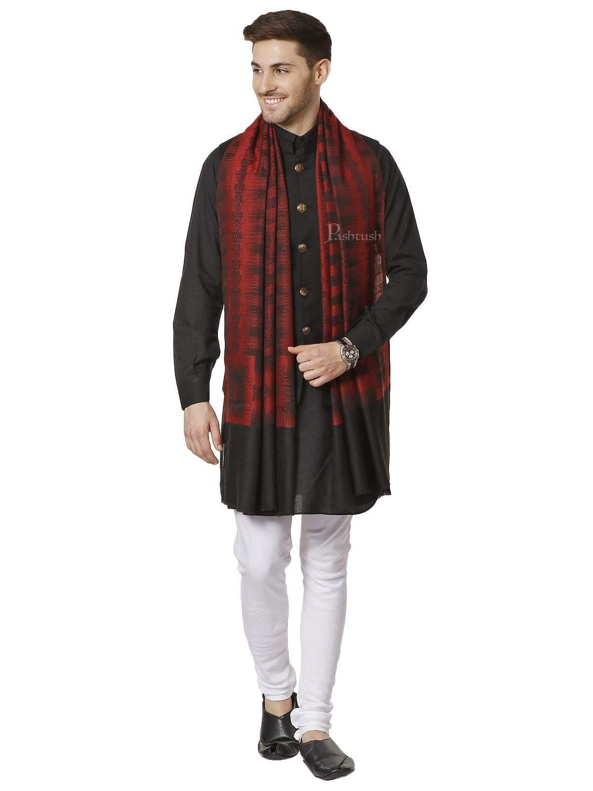 Pashtush Mens Fine Wool Stole, Ikkat Design, Maroon And Black